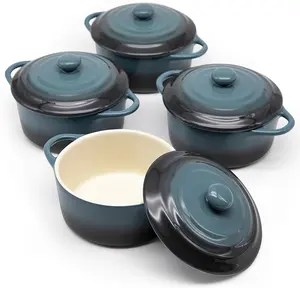 Ceramic Mini Cocotte Set, Small Casserole Dishes with Lids and Handles, Individual Baking Ramekins, Oven, Microwave & Dishwasher Safe, Stoneware, 12 oz, Set of 4
