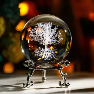 60mm Tree of Life Crystal Ball with Stand Decorative Paperweight 3D Laser Engraved Glass Plant Life Tree Sphere Novelty Home Decor