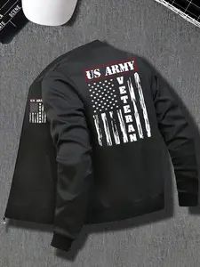 Men's Full Zip Jacket with Us Army Veteran Geometric Back Print, Fitted Stand Collar, Casual Outerwear, Fall Winter Fashion