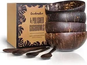 Coconut Bowl & Wooden Spoon Set of 4 with Polished Finish Cutlery Plastic