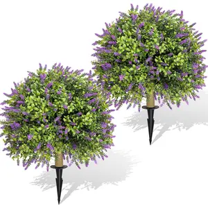 Set of 2 Artificial Lavender Topiary Fake Boxwood Balls UV Resistant Faux Plants Shrubs Bushes for Outdoor Front Porch Home Indoor Decor