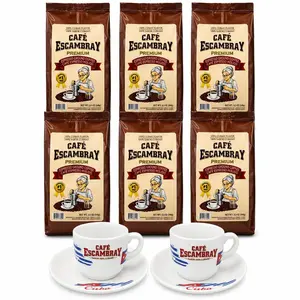 Cafe Escambray Premiun Cuban Espresso Ground Coffee 6 PK(8.5 oz (240 g)) + 2 free gift mugs - Strong Cuban Style Coffee, Dark Roast, Cafe Cubano Molido Premium.