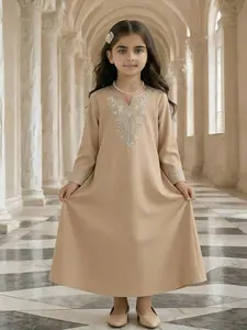 Girls Muslim Style Long Robe Dress, Emerald Embroidered V-Neck, Long Sleeve Comfortable Drape, Modesty, Perfect for Festivals, Daily, Ramadan