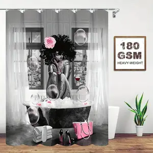 One piece bathtub and girl printed shower curtain, perfect for bathroom decoration, partition, beautify space, waterproof, wear-resistant, easy to clean, machine washable, multiple sizes to choose from, send shower curtain hook, Shower Curtain Set