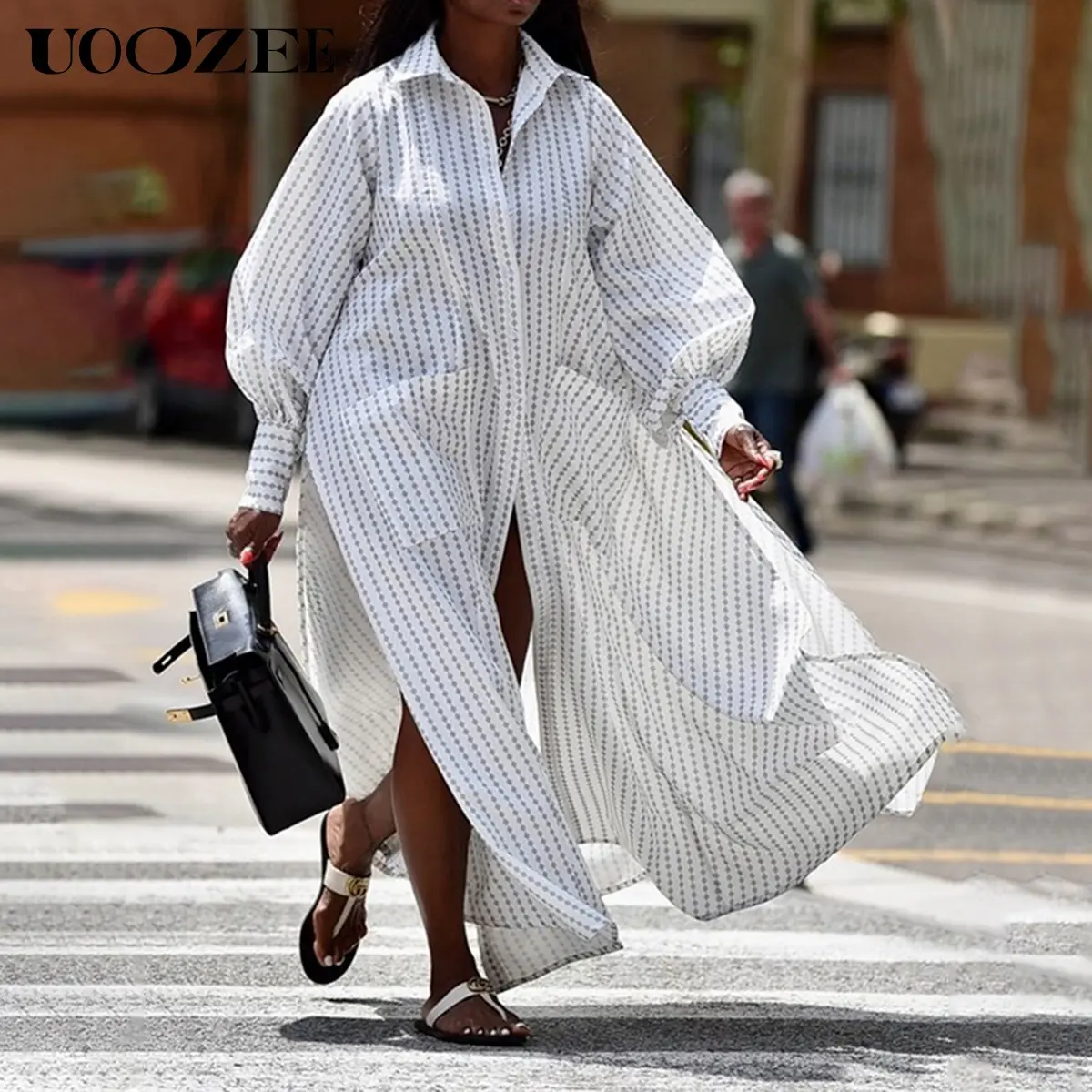 Long Sleeves Loose Buttoned Split-Side Striped Lapel Maxi Dresses Shirt  Dress Summer White - TikTok Shop