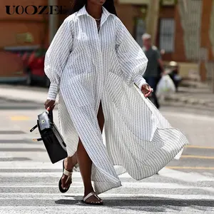 UOOZEE Women's Casual Cotton Collared Long-Sleeve Loose-Fit Striped Lapel Buttoned Split-Side Maxi Dress, Women's Casual Clothes for Summer (White)