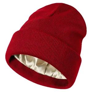 Ski Warm Autumn Winter Pullover Satin Lined Knitted Hat Custom Wool Hat Unisex Brimless Beanie for Men and Women