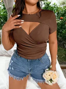 Plus Size Women's Solid Color Round Neck Short Sleeve Hollow Out Ruched Slim Fit T-Shirt, Summer