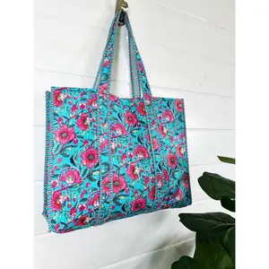 Sky Blue and Pink Floral Cotton Quilted Block Print Tote Bag