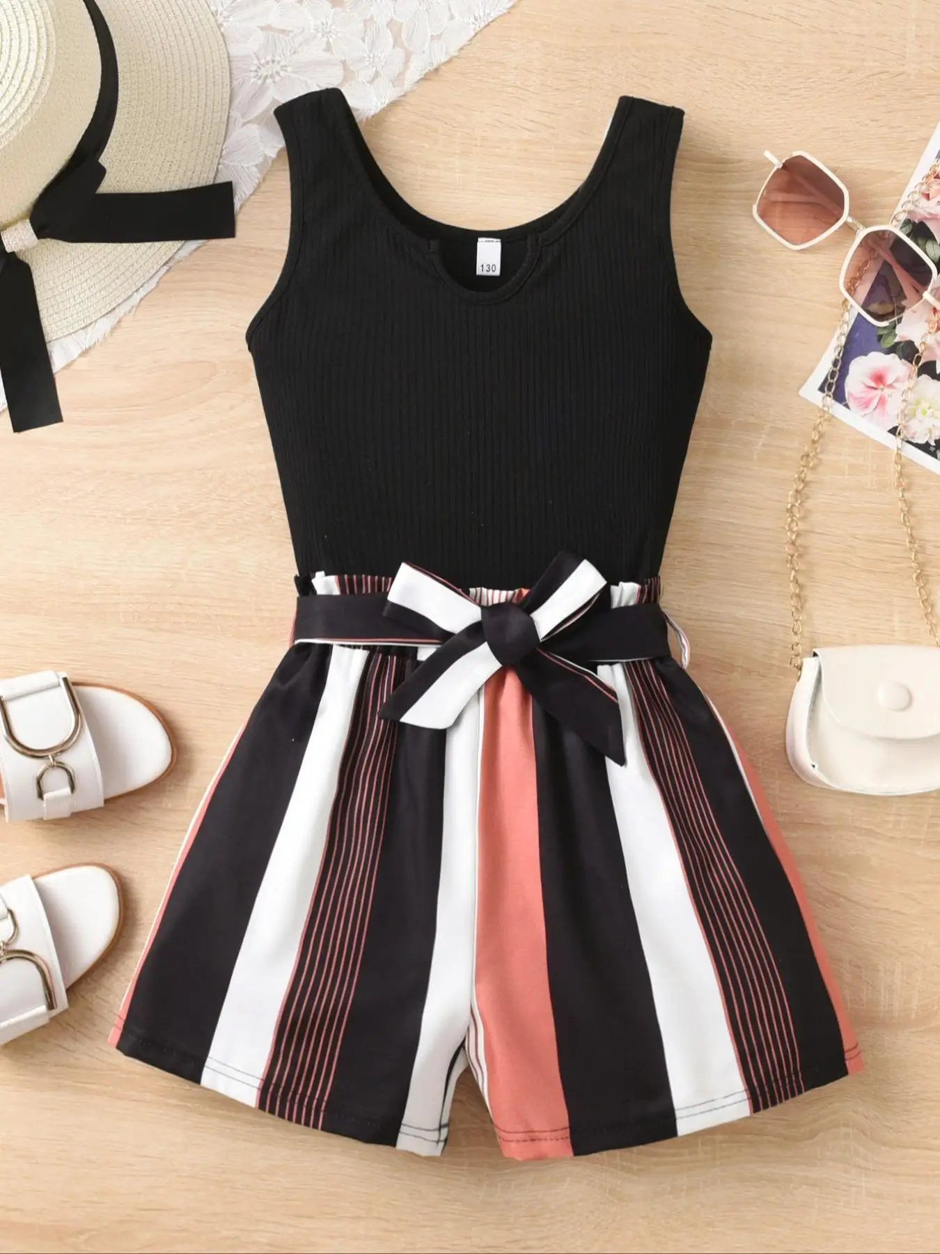 Two-piece Set Girl's Striped Print Tank Top & Belted Shorts Set, Casual Sleeveless Round Neck Top & Shorts Outfit for Summer, Kids Clothes for Daily W