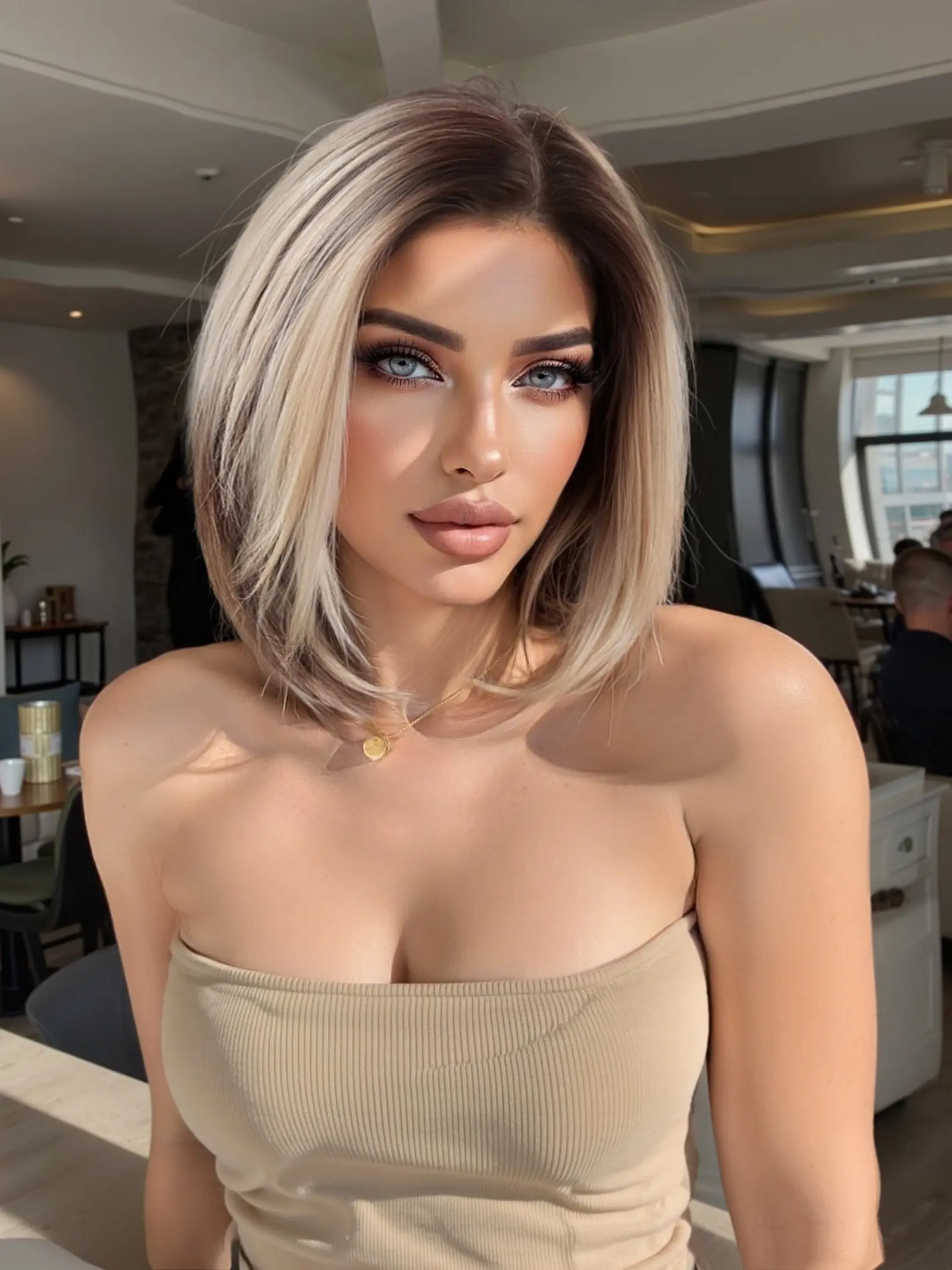 13x6 Lace Front Wig in Platinum Color, Short Straight Hair with Ombre Roots, Breathable Everyday Use, No Bangs Design for Summer, Lace Frontal Wigs, Straight Synthetic Wig