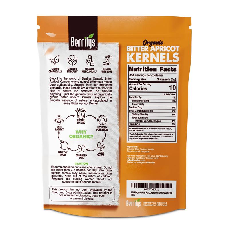 Berrilys Organic Bitter Apricot Kernels USDA Certified USDA Organic Free From Additives Sourced From Farmers Nutrient Dense Healthy Ingredient