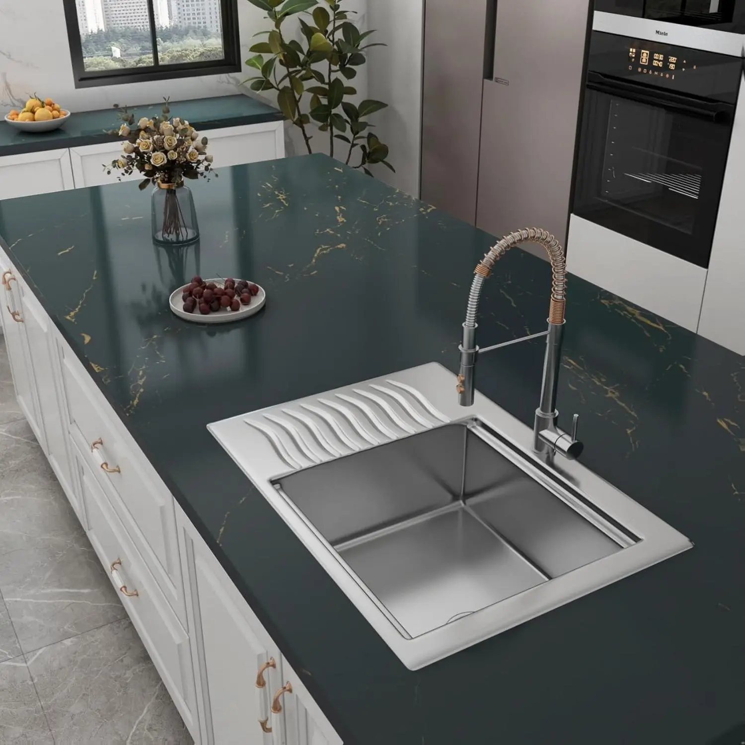 Yenhome Countertop Self Adhesive Covering Waterproof Marble Contact Paper Peel and Stick Countertops for Kitchen Bathroom 17.7"X118" Dark Green Marble Contact Paper for Countertops Table Cabinets