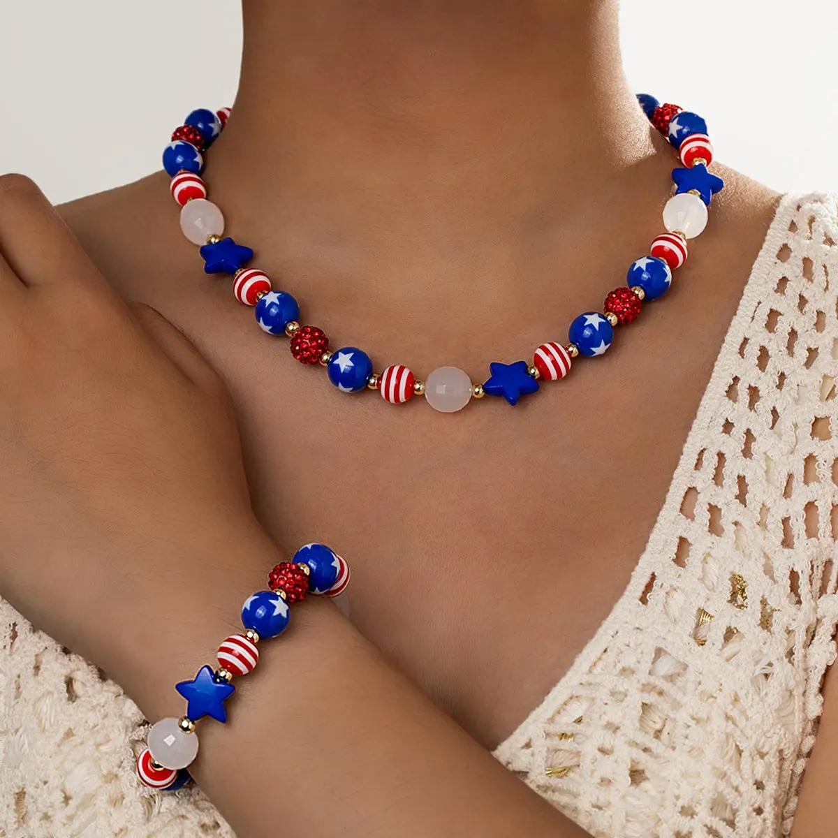 July 4th Star Beaded Necklace Set, Elastic Bracelet & Pendant Jewelry Accessories Set Gift, Perfect for Festive Parties, Ideal Holiday Accessory