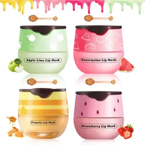 Bee Lip Balm Honey Pot - Honey Strawberry Watermelon Apple Lime Lip Mask & Scrub with Sticks for Dry Cracked Lips - Dual Function Sleeping Treatment