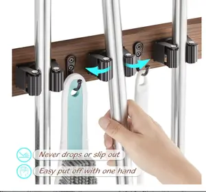 OUTNILI Mop and Broom Holder Wall Mount - Wood Broom Mop Hanger - Wall Mounted Garden Tool Rack Organizer for Closet Garage Laundry Room, Rustic Kitchen Decor With 4 Slots & 4 Hooks