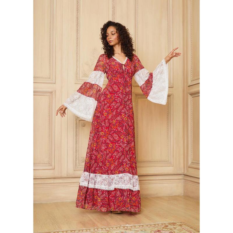 GUNNE SAX by ModCloth Josephina Bell Sleeve Maxi Dress - Limited Edition - Red Paisley Print (XS-4X)