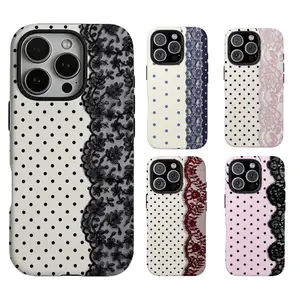 Black Polka Dot Lace Print Pattern Phone Case |   Military-grade Shockproof Protection, Compatible with iPhone 17 Pro Max 16 15 14 13 12 11 X Plus/Pro & Samsung Galaxy |   Affordable Tough Anxiety Phone Case for Girls