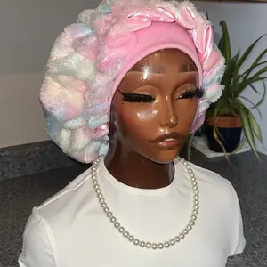 3 in 1 Reversible Fur Bonnet with Pastel Rainbow Colors and Soft Plush Material for Stylish Hair Care