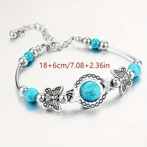 Trendy Turquoise Decor Charm Bracelet, Vintage Style Handmade Bracelet With Simple Lucky Bead Butterfly Charm Bracelet