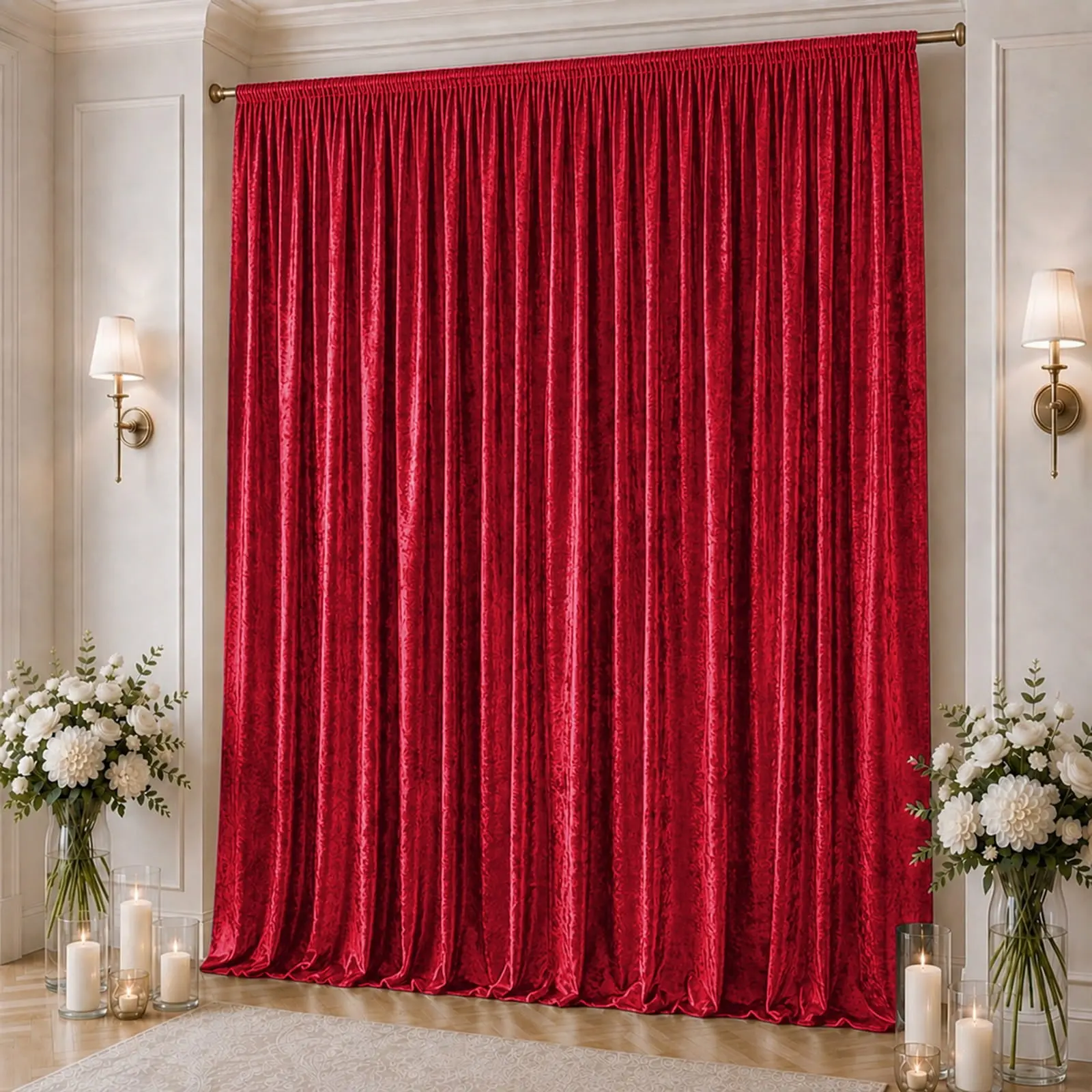 10ft x 16ft Non-Customised Premium Crushed Velvet Backdrop Curtain, Red Glam Ceiling Drape Panel with Rod Pocket, 70% Blackout for Party Setup, Event Decor, Ceiling Draping Wedding, Solid