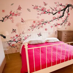 A set of three spring peach blossom wall stickers, Floral Pattern Sticker, Decorative Sticker, for bedroom and living room background walls, home decoration stickers, self-adhesive MS7262-YC