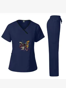 Women's Colorful Butterfly Graphic Scrub Set, Fashion 2-Piece Medical Uniform (Contrast V-Neck Top & Cargo Pants) for Nurses and Healthcare Professionals