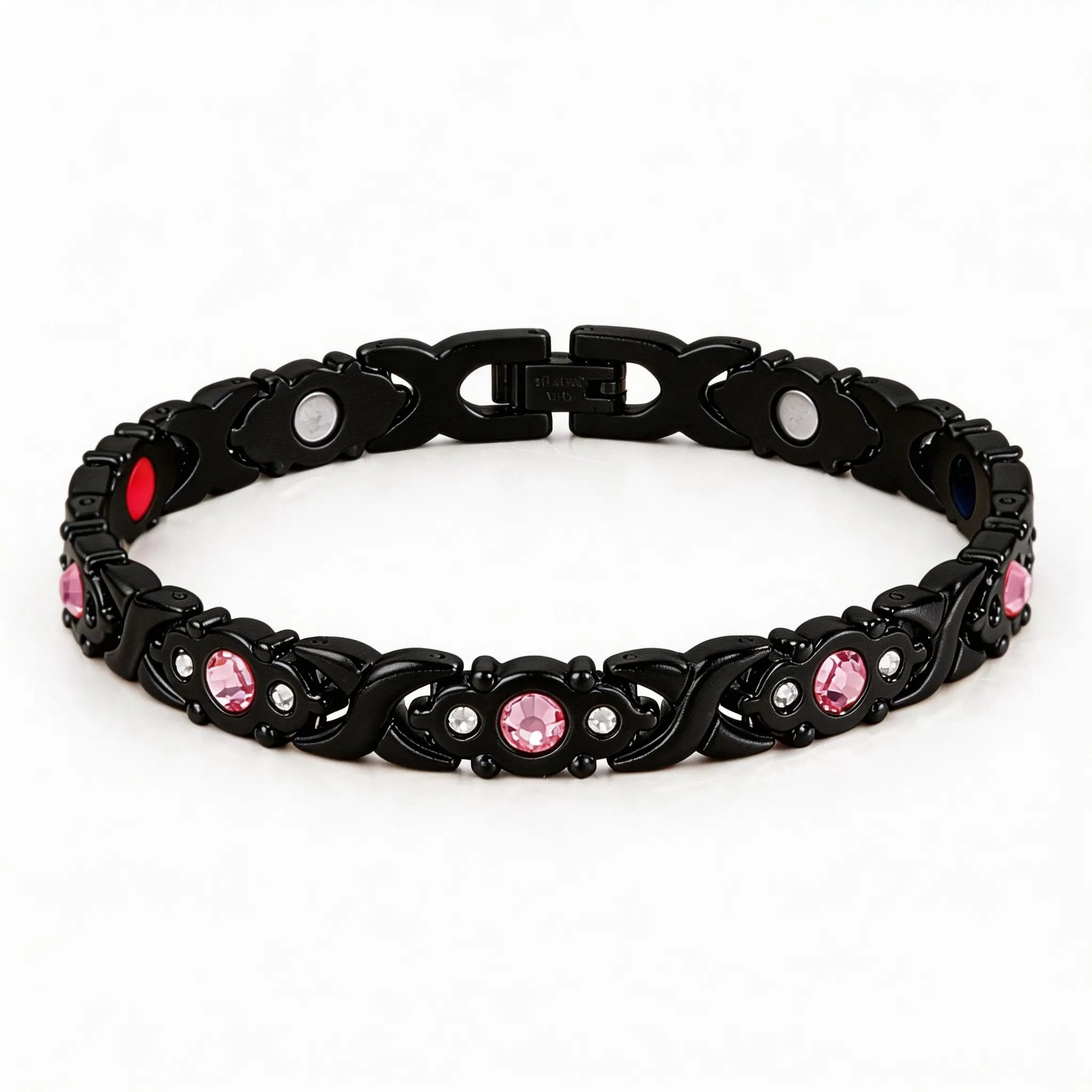 Female Crystal Bracelet - Women's Black-Pink Crystal Magnetic Stackable Black-Tone Dainty Inlaid Fashionable Bangle, Daily Elegant Jewelry Gift for Phone Straps & Charms Accessories