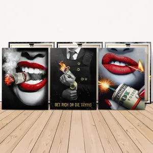 3 Counts Wooden Framed Canvas, Luxury Money Fire And Red Lips Images, Exquisite Poster, Perfect Living Room Decoration, Modern Art Design, Fashion Family Poster, Wall Art Decoration, Decorative Artwork, Odorless, Artwork, Art Work For Wall Decor