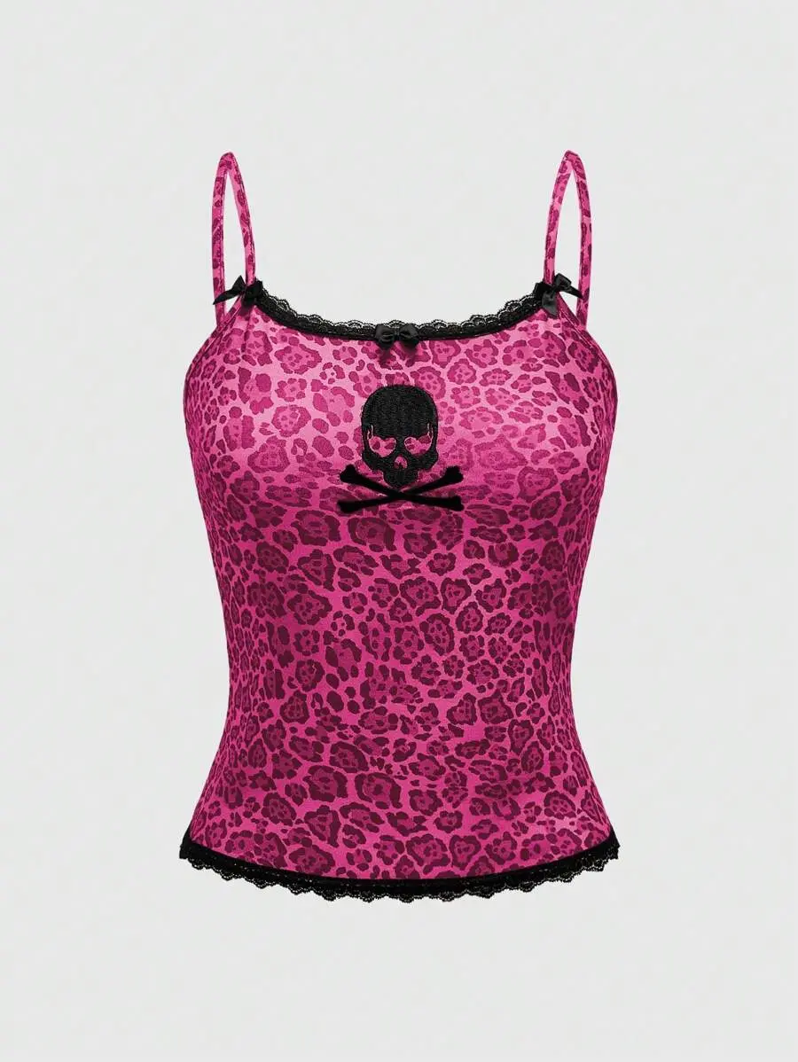 Kawaii Y2K Style Abby PUNK Pink Leopard Lace & Skull Embroidered