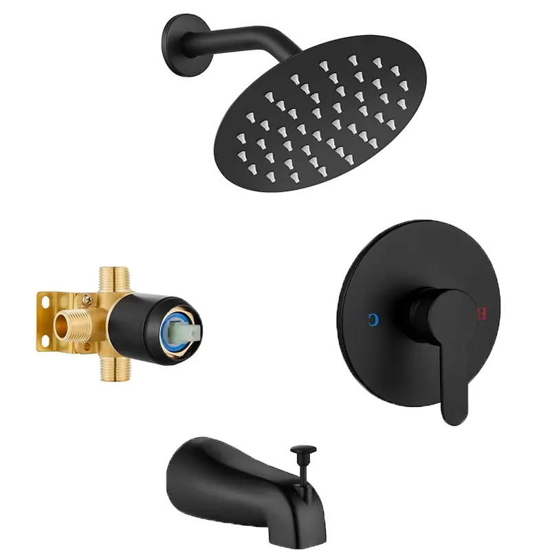 Tub Shower Faucet Set, 8" Rain Shower Head & Tub Spout, Matte Black Stainless Steel Rainfall Black Showerhead and Waterfall Bathtub Spout, Single-Handle Tub Shower-Trim Kit Included Mixing Valve, for Bathroom Bathtub