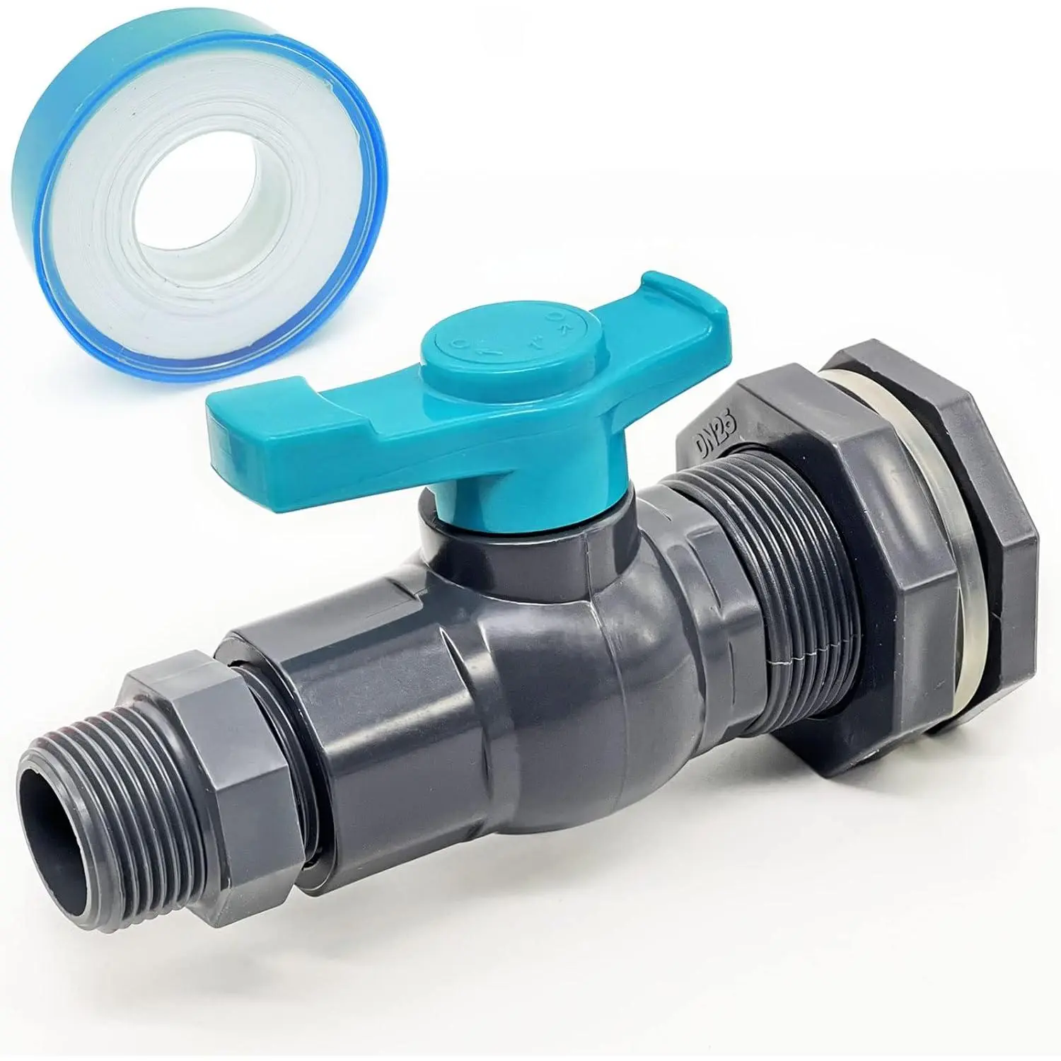 Rain Barrel Spigot Kit PVC Bulkhead Fitting with Ball Valve and Thread Seal Tape and Garden Hose Male Threaded Adapter(3/4" Male) for 3/4" Female Threaded Connector(kit for 3/4 inch Female)