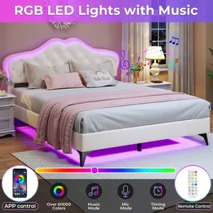Sikaic Queen Bed Frame with RGB LED Lights Adjustable Crystal Headboard Velvet Upholstered Platform Solid Wood Slats Easy Assembly Creamy White