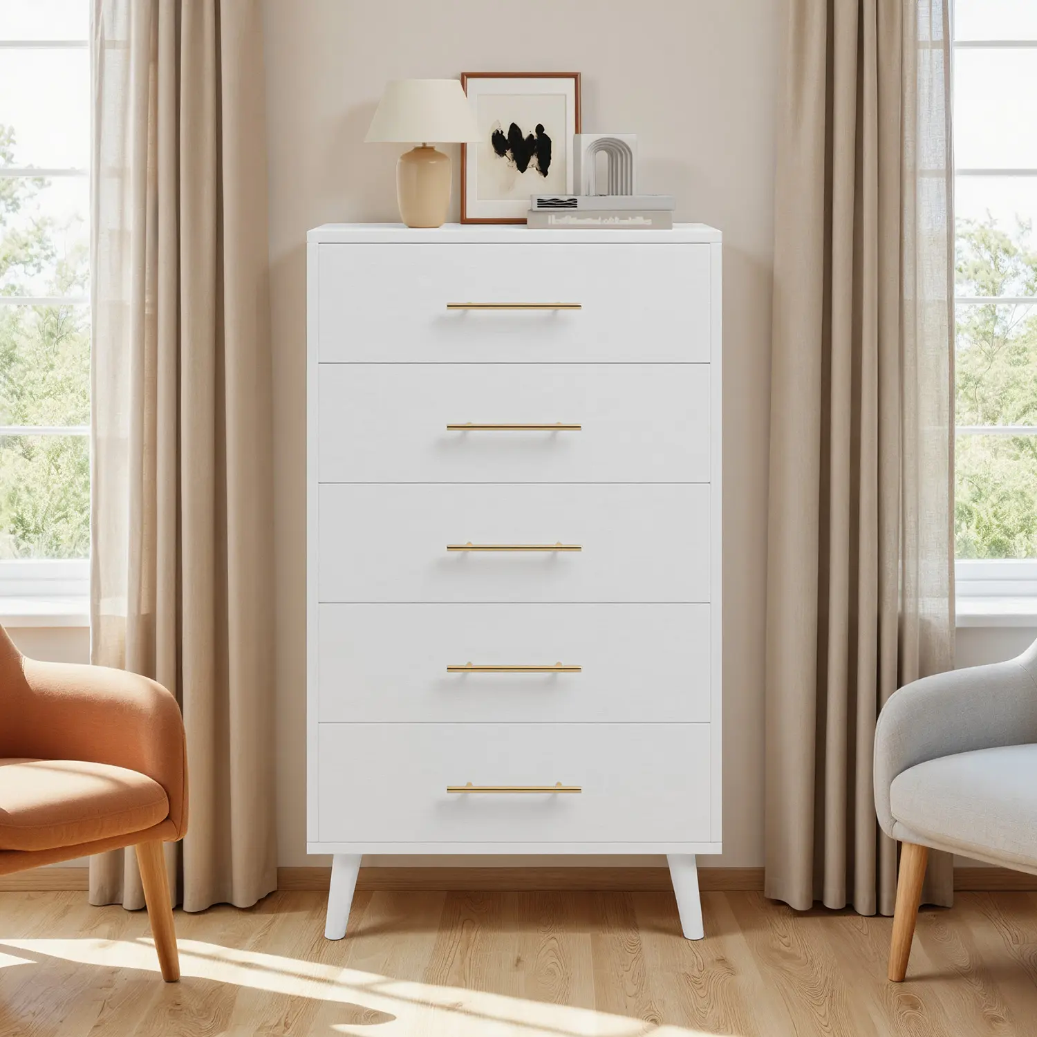 Gizoon Sturdy Tall Dresser for Bedroom, White 5-Drawer Modern Storage Cabinet with Storage Drawers, Anti-Tip Kit, Metal Handles, Silent Gliding Slides for Living Room, Girl Apartment Space-Saving Furniture
