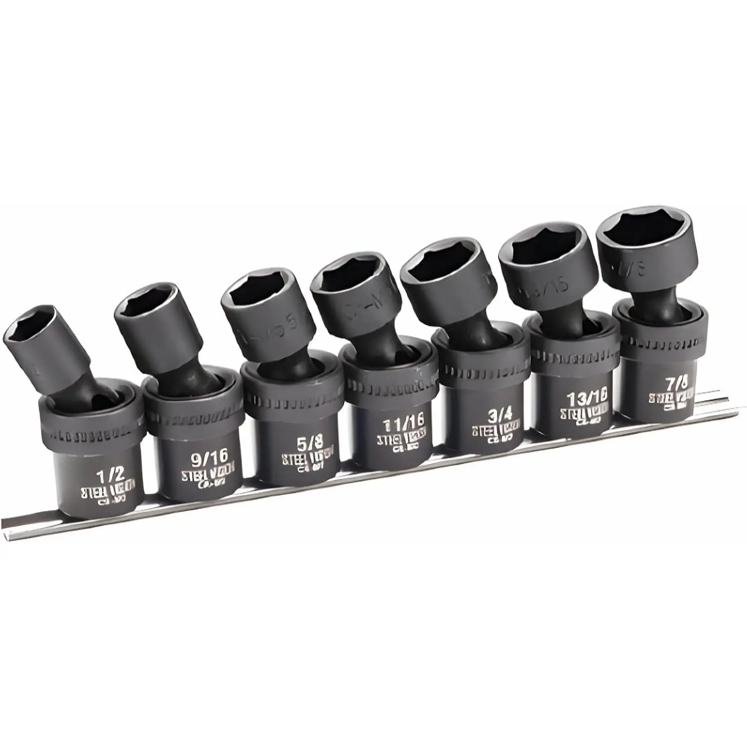7 count 1/2" Dr. Impact Swivel Sockets Set, Universal Swivel Sockets,6-Point,1/2,9/16,5/8,11/16,3/4,13/16,7/8in,Cr-Mo, Wobble Socket Set, Universal Joint Socket Set
