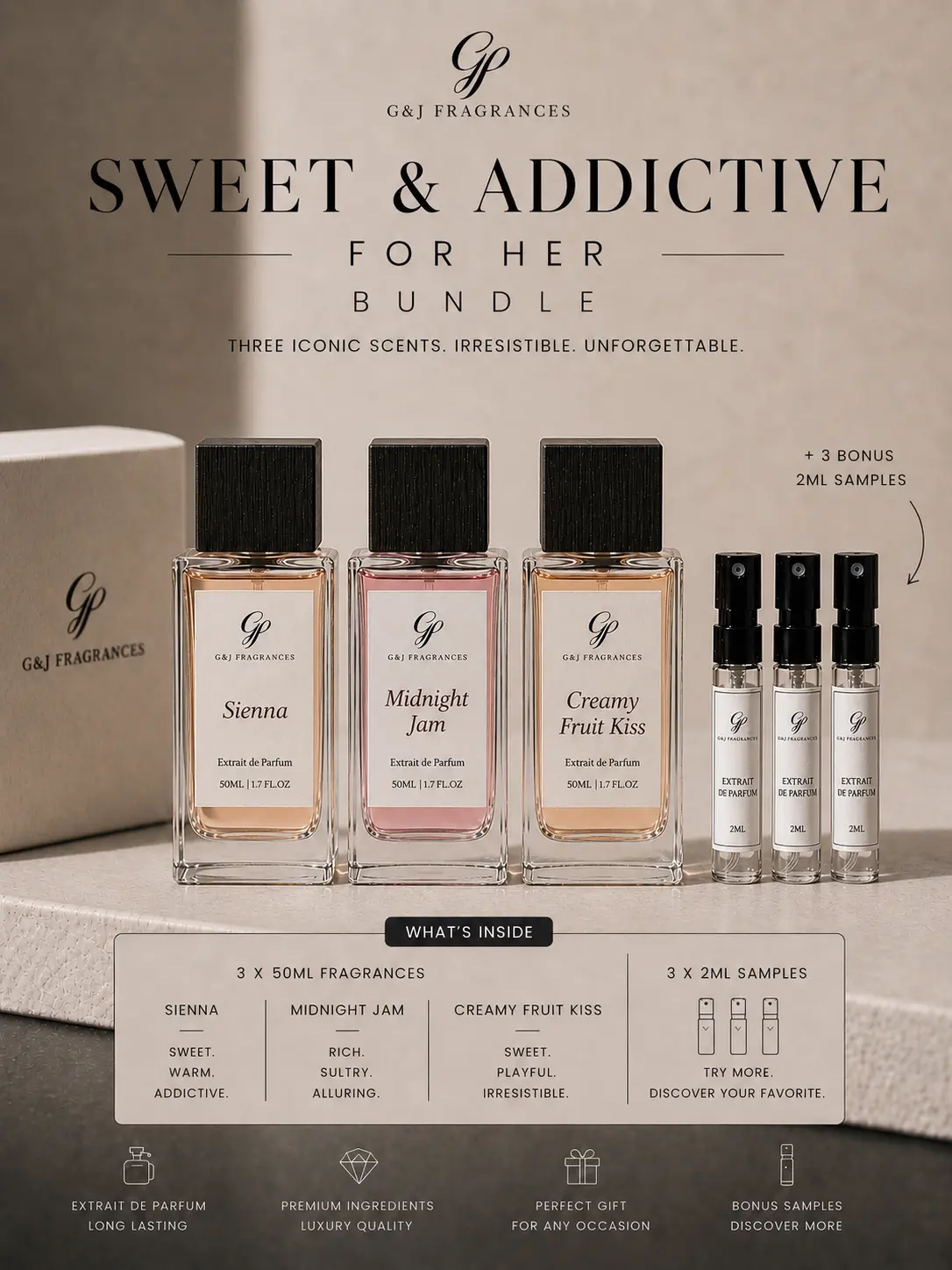 Women's Boxed Bottled Fragrance Sweet Bundle - 3 Full-Size Fragrances, 3 Bonus Samples, Boxed Bottled Women's Fragrance