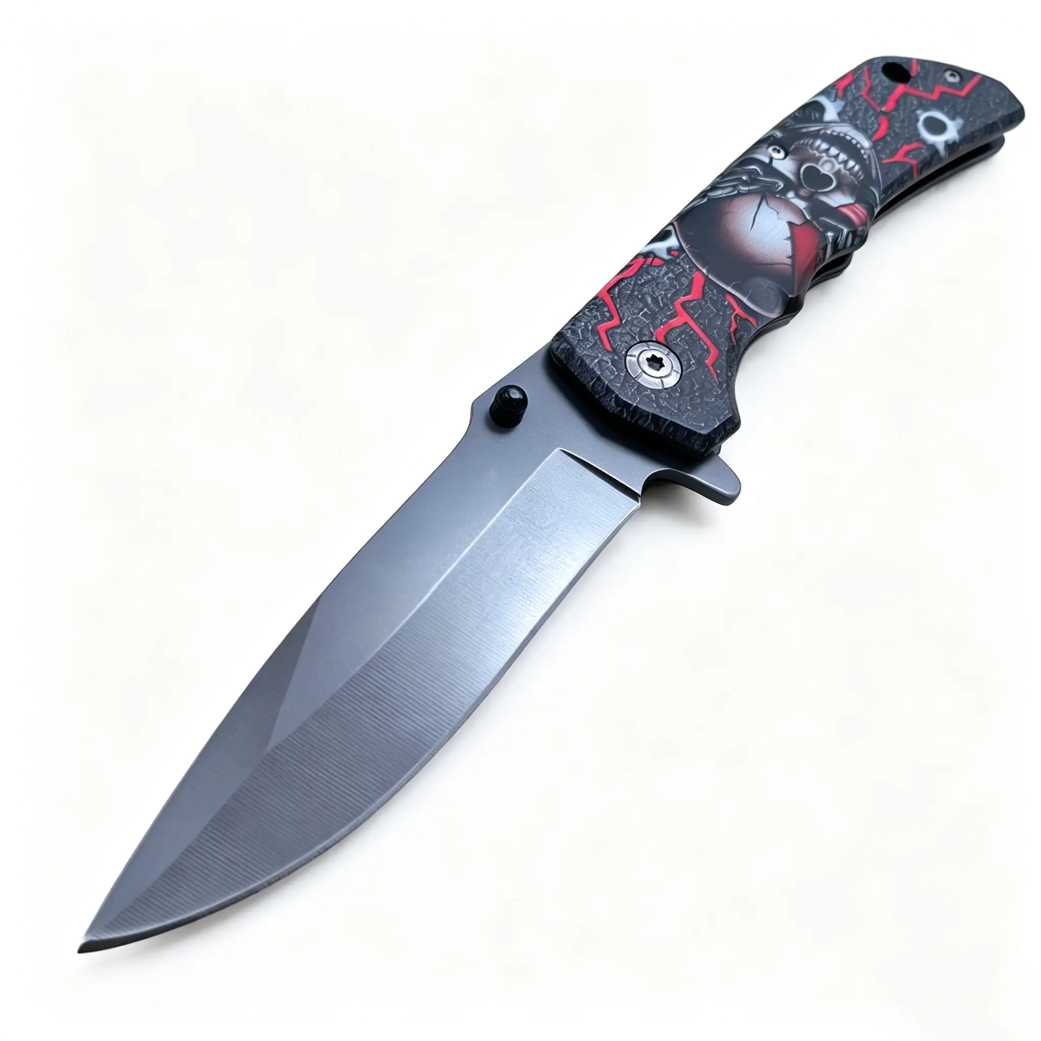 Stainless steel vintage Skull Folding Knife, 3.75-Inch Half-Serrated Blade, Portable Collection knife,Titanium Coating, Glass Breaker, Pocket Clip