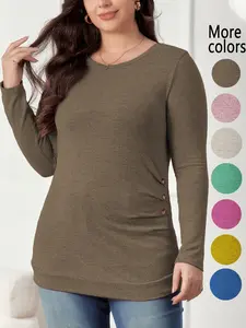 【Plus Size】1 Plus-Size Crew-Neck T-Shirt, High Elasticity, Casual and Easygoing Style, Side Button Decorations Add Details, Long Sleeves & Slim Fit, Suitable for Plus-Size Women’s Daily Outings and Relaxed Office Scenarios, Basic Top