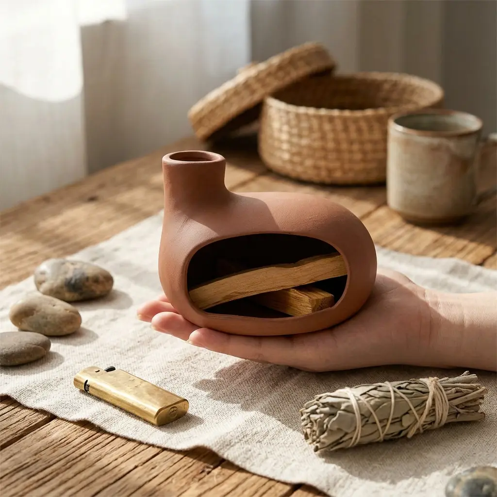 Terracotta Palo Santo Holder - Modern Chiminea Incense Burner for