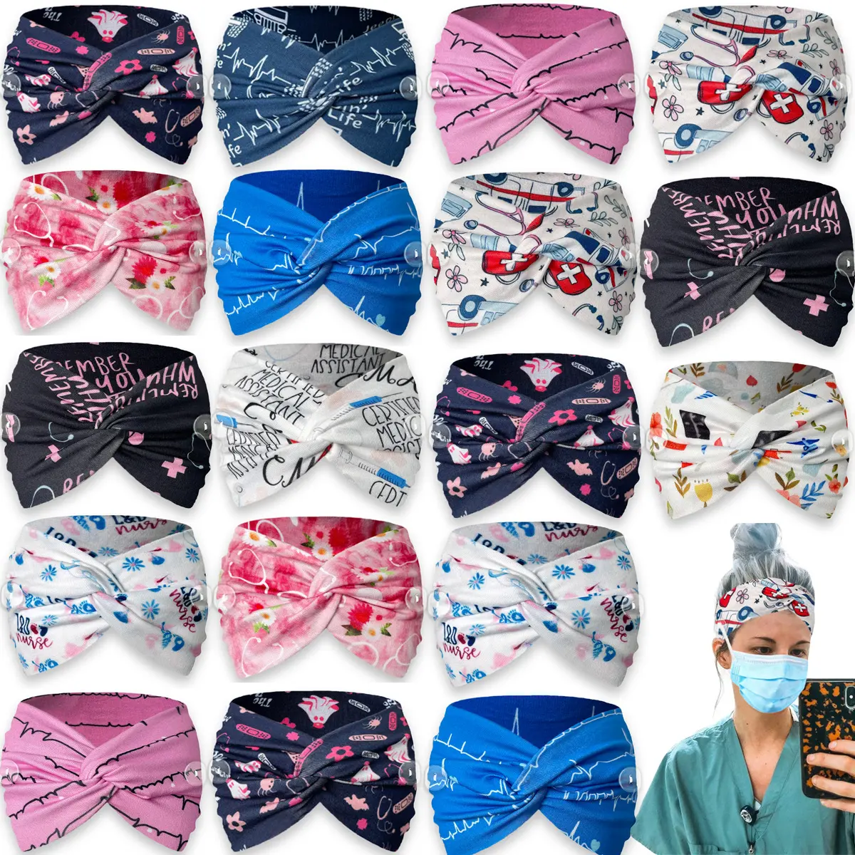 4-Pack Boho Printed Headbands for Women, Soft Elastic Wide Turban Hair Wraps with Ear Saver Buttons for Yoga & Fashion