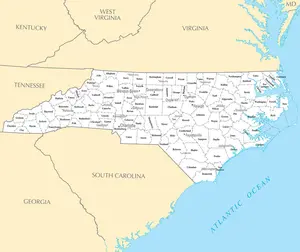 Map of North Carolina NC - County Map with selected Cities and Towns - Peel and Stick Wall Decal