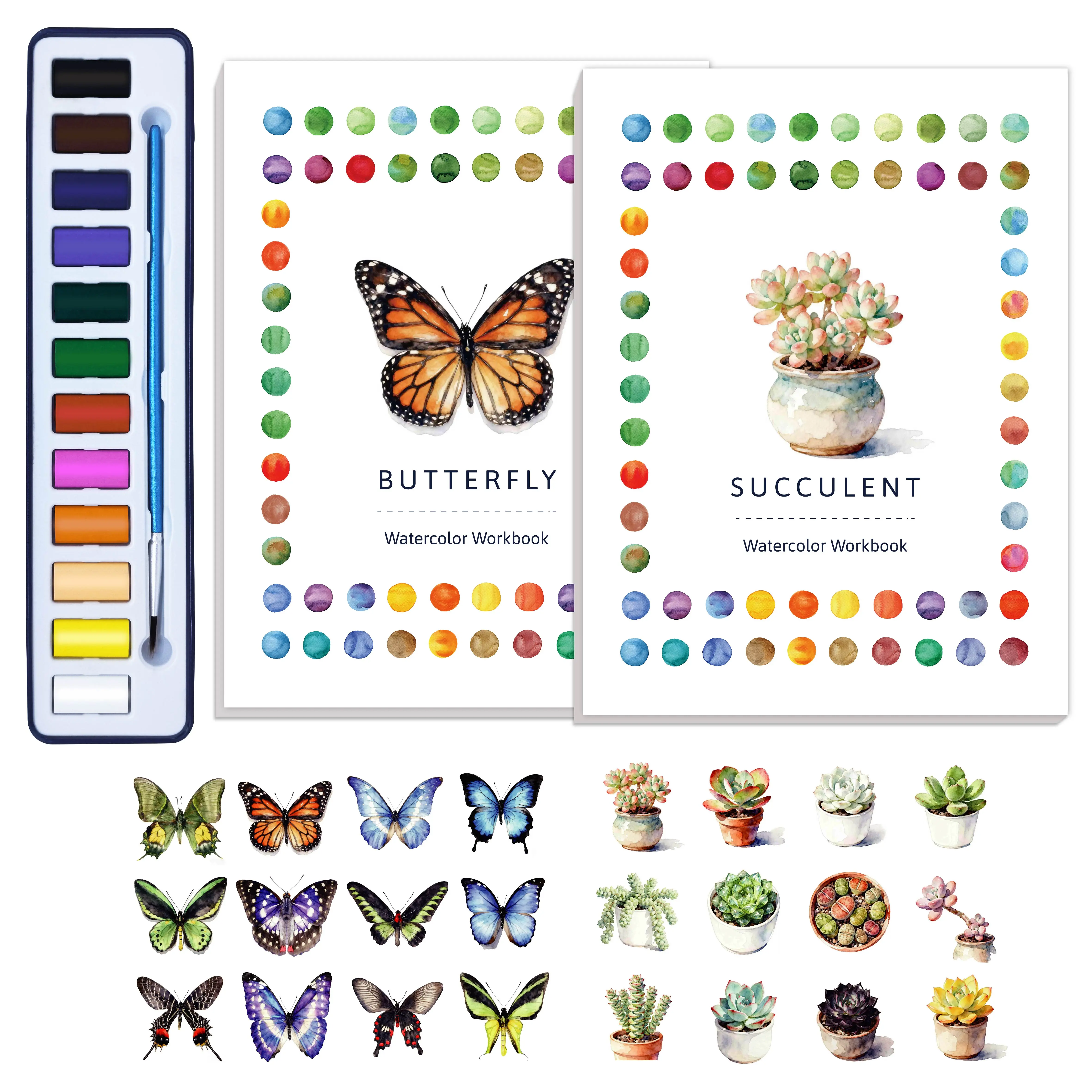 CraftyManor 2Pcs Watercolor Workbook Creative Water Color Paint Book Set with Paints & Brush, 12 Patterns of Original DIY Designs, Beginner-Friendly Adult Coloring Books