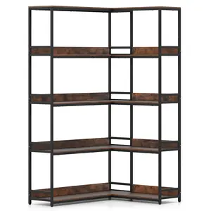 COSTWAY - Corner Bookshelf 5-Tier L-Shaped Bookcase Etagere Bookshelf with Metal Frame-Rustic Brown