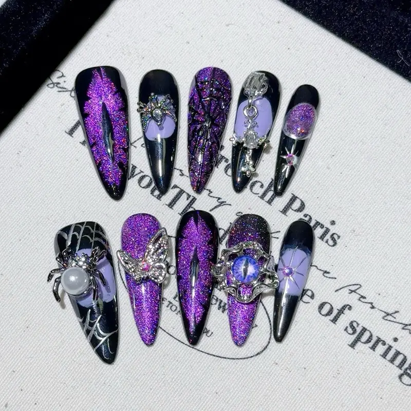 Women's Handmade Long Stiletto Press-On Nails, Black Purple Shimmer Glitter Gothic Ritchie Design, Decorated with Tiga Metal Spiders Evil Eye Gem Crystal Butterflies Charms, Reusable Emo Y2K Dark Fantasy Fake Nails for Halloween Goth Concerts