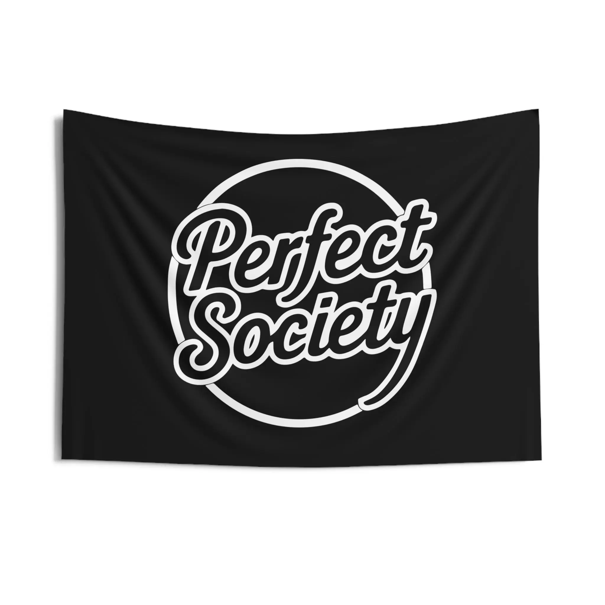 Black 'Perfect Society' Indoor Wall Tapestry Boho Decor Room Aesthetic Wall Art Gift for Friends Minimalist Home 100% Polyester Hemmed Edges