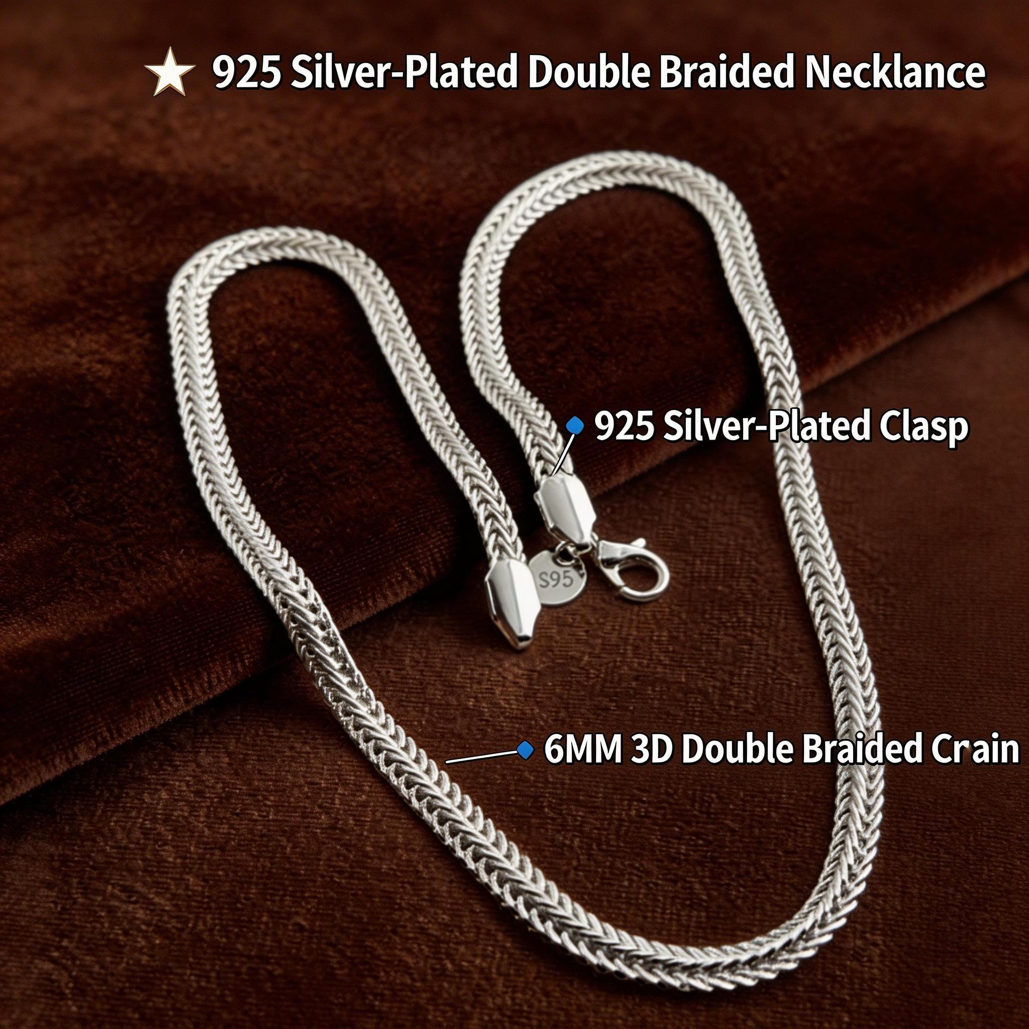 Unisex S925 Silver-Plated 6MM 3D Double Braided Foxtail Chain Necklace - Stamped, Lobster Clasp, Chunky Woven Choker, Metallic Link Hip Hop Jewelry, Ideal for Daily Wear & Gifting to Men, Braided Chain Necklaces