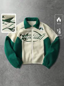 Oversized Sherpa Fleece Jacket | Black & Gray Color Block Retro Streetwear Coat | Warm Thick Fleece Top with "SPORT" Graphic & Star Emblem | Casual Winter Outfit for Gen Z, Street Style Lovers & Daily Wear