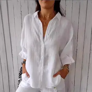 2025 Women's Spring Cotton Linen Back Tie Design Shirt Fashion Long Sleeve Top Womenswear