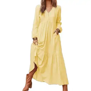 Women's Linen Maxi Dress Long Sleeve with Pockets Casual V-Neck Tiered Ruffle Dress Boho Beach Pleated Long Dress