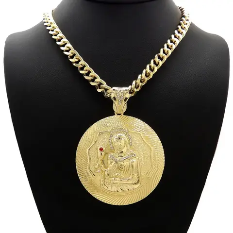MaxBling81 Unisex High-Quality Gold-Plated Cuban Link Necklace - 10mm Alloy Curb Cuban Chain, 2.3" W x 3.15" Oversized Santa Barbara Pendant, 18"-30" Adjustable (Gold Plated Jewelry)